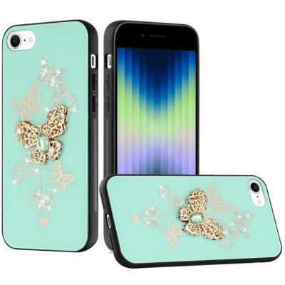 For iPhone SE 3 (2022) SE/8/7 Passion Square Hearts Diamond Glitter Ornaments Engraving Case Cover - Garden Butterflies Teal