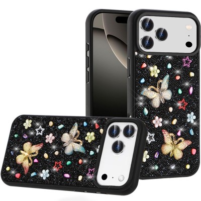 For iPhone SE 3 (2022) SE/8/7 Passion Square Hearts Diamond Glitter Ornaments Engraving Case Cover - Garden Butterflies White