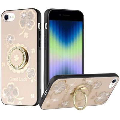 For iPhone SE 3 (2022) SE/8/7 Passion Square Hearts Smiling Diamond Ring Stand Case Cover - Gold
