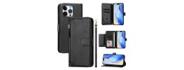For iPhone SE 3 (2022) SE/8/7 Premium Wallet MultiCard Holder Money Zipper With Magnetic Flap - Black