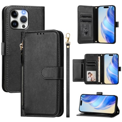 For iPhone SE 3 (2022) SE/8/7 Premium Wallet MultiCard Holder Money Zipper With Magnetic Flap - Black