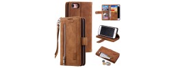 For iPhone SE 3 (2022) SE/8/7 Premium Wallet MultiCard Holder Money Zipper With Magnetic Flap - Brown