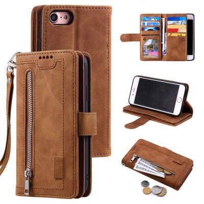 For iPhone SE 3 (2022) SE/8/7 Premium Wallet MultiCard Holder Money Zipper With Magnetic Flap - Brown