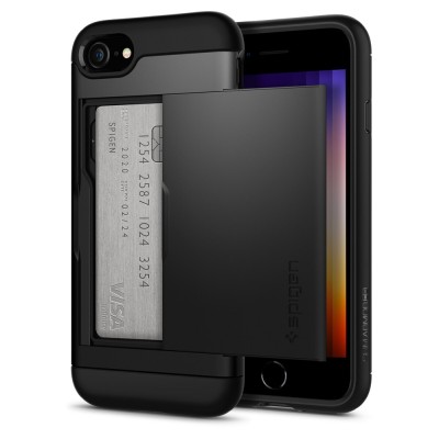 For iPhone SE 3 (2022) SE/8/7 Retro Wallet Card Holder Case Cover - Black