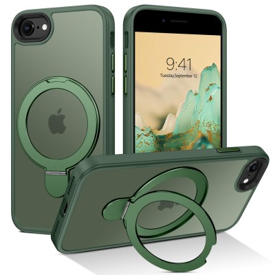 For iPhone SE 3 (2022) SE/8/7 Ring Magnetic Kickstand Hybrid Case Cover - Midnight Green