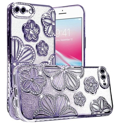 For iPhone SE 3 (2022) SE/8/7 Shimmer Glitter Floral Design Thick TPU Case Cover - Purple