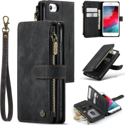 For iPhone SE 3 (2022) SE/8/7 Wallet Premium PU Vegan Leather ID Card Money Holder with Magnetic Closure - Black