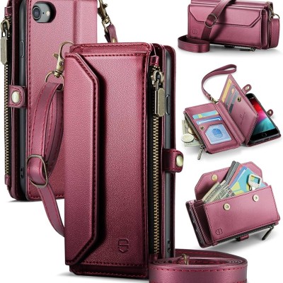 For iPhone SE 3 (2022) SE/8/7 Wallet Premium PU Vegan Leather ID Card Money Holder with Magnetic Closure - Purple