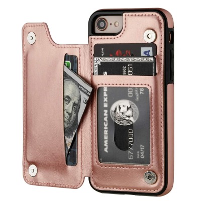 For iPhone SE 3 (2022) SE/8/7 Wallet Premium PU Vegan Leather ID Card Money Holder with Magnetic Closure - Rose Gold