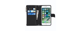 For iPhone SE 3 (2022) SE/8/7 Wallet Premium PU Vegan Leather ID Multiple Card Holder Money with Lanyard - Black