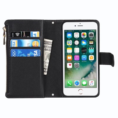 For iPhone SE 3 (2022) SE/8/7 Wallet Premium PU Vegan Leather ID Multiple Card Holder Money with Lanyard - Black