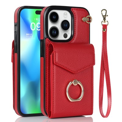 For iPhone SE 3 (2022) SE/8/7 Wallet Premium PU Vegan Leather ID Multiple Card Holder Money with Lanyard - Red