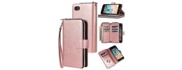 For iPhone SE 3 (2022) SE/8/7 Wallet Premium PU Vegan Leather ID Multiple Card Holder Money with Lanyard - Rose Gold
