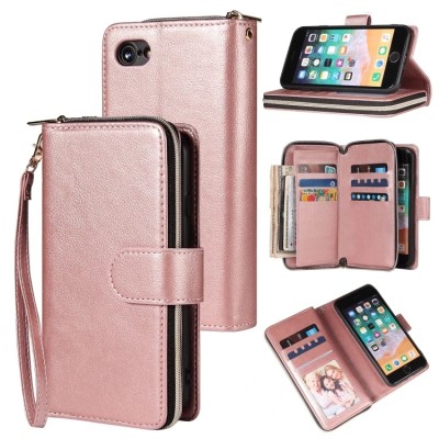 For iPhone SE 3 (2022) SE/8/7 Wallet Premium PU Vegan Leather ID Multiple Card Holder Money with Lanyard - Rose Gold