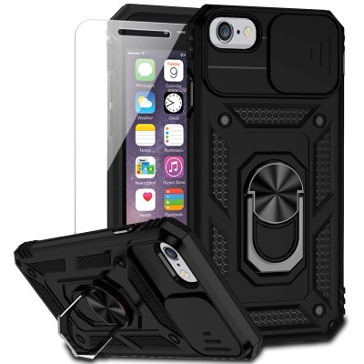 For iPhone SE2/8/7 Thick 3in1 Silicone Hybrid with Double Ring Magnetic Kickstand Case Cover - Black