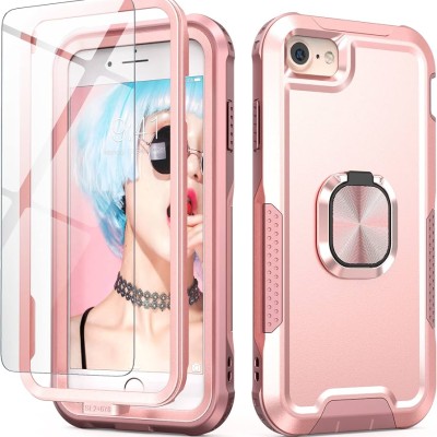 For iPhone SE2/8/7 Thick 3in1 Silicone Hybrid with Double Ring Magnetic Kickstand Case Cover - Hot Pink