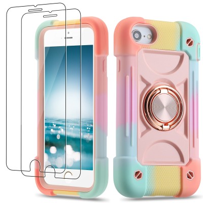 For iPhone SE2/8/7 Thick 3in1 Silicone Hybrid with Double Ring Magnetic Kickstand Case Cover - Rainbow Rose Gold