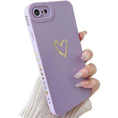 For iPhone SE3 Bronze Gold Layer Design Hybrid Cover Case - Hearts Rainbow Love