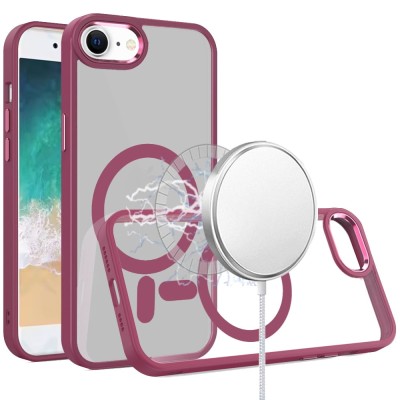 For iPhone SE4 Finest Transparent Thick Acrylic Hybrid Metal Buttons Cover Case - Burgundy