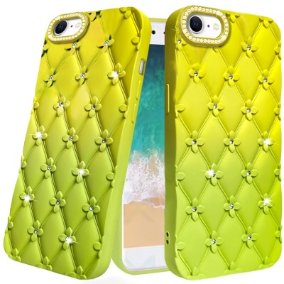 For iPhone SE4 Floral Joy Glitter Shimmer Leather Feel Thick TPU Case - Yellow/Green