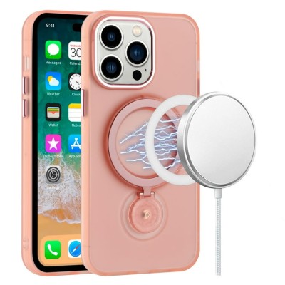 For iPhone SE4 Hoop Kickstand [Magnetic Circle] HD Transparent Chrome Hybrid - Pink