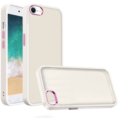 For iPhone SE4 Polished Oil Thick Acrylic Metal Button Hybrid Case Cover - Beige
