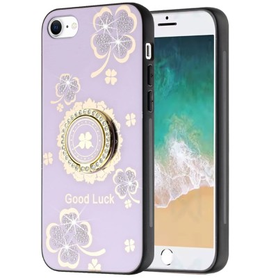 For iPhone SE4 SPLENDID Diamond Glitter Ornaments Engraving Case Cover - Good Luck Floral Purple