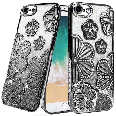 For iPhone SE4 Shimmer Glitter Floral Design Thick TPU Case Cover - Black