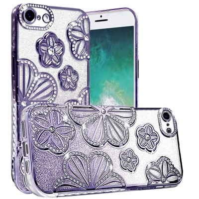 For iPhone SE4 Shimmer Glitter Floral Design Thick TPU Case Cover - Purple