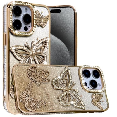 For iPhone SE4 Shimmer Glitter Floral Design Thick TPU Case Cover - Rose Gold