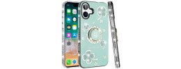 For iPhone SE4 Splendid Glitter with Diamonds All Around Edges Ring Stand Case Cover - Teal