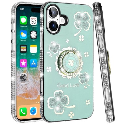For iPhone SE4 Splendid Glitter with Diamonds All Around Edges Ring Stand Case Cover - Teal