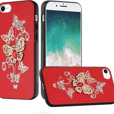 For iPhone SE4 Splendid Glitter with Diamonds All Around Edges Ring Stand Case Cover - Red