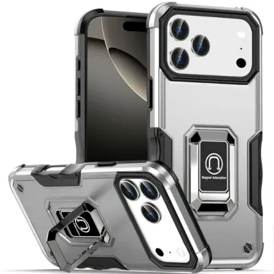 For iPhone 17 Pro Max OPTIMUM Magnetic Ring Stand Hybrid Case  Cover - Silver