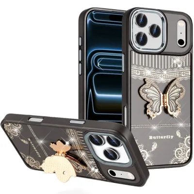 For iPhone 17 Pro Max Splendid Glitter Butterfly Design Stand with Metallic Edges Hybrid Case - Black
