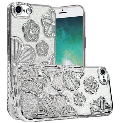 For iPhone SE4 Shimmer Glitter Floral Design Thick TPU Case Cover - Silver
