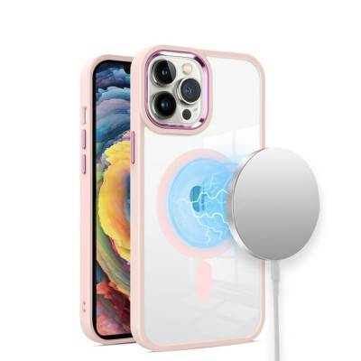 For iPhone XR Greatest Clear Acrylic [Magnetic Circle] ShockProof ToughThick Metal Button Hybrid - Light Pink