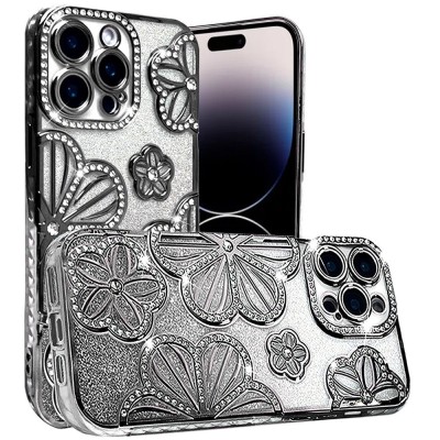 For iPhone XR Shimmer Glitter Floral Design Thick TPU Case Cover- Black