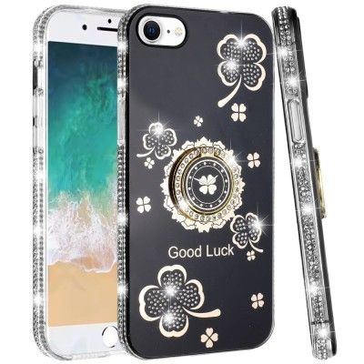 For iPhone XR Splendid Glitter with Diamonds All Around Edges Ring Stand - Black