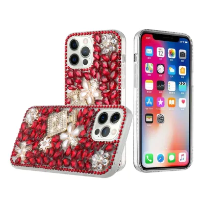 For Apple iPhone 14 PRO 6.1" Full Diamond with Ornaments Case Cover - Pearl Flowers with Perfume Red
