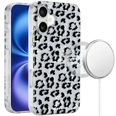 For iPhone 17 Pro Max [Magnetic] Double Layer Design IMD Case  Silver Leopard