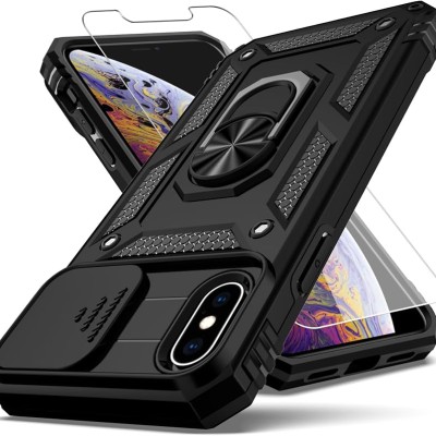 For iphone X/XS Multi-Functional Card Magnetic Ring Stand Hybrid Camera Case Cover - Black
