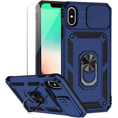 For iphone X/XS Multi-Functional Card Magnetic Ring Stand Hybrid Camera Case Cover - Blue