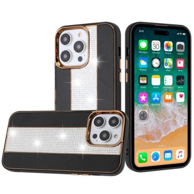 For Apple iPhone 11 (XI6.1) Flashy Diamond Leather Sticked On Hybrid with Chrome Camera Edge - Black