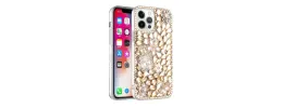 For iPhone 15 Full Diamond with Ornaments Case Cover - Pearl Flowers with Perfume Gold