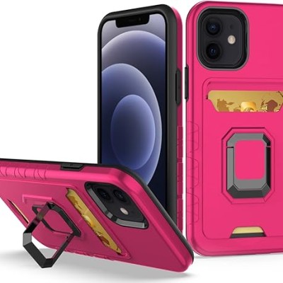 For Apple iPhone 14 6.1" Card Holder with Magnetic Ring Stand Hybrid Case Cover - Hot Pink