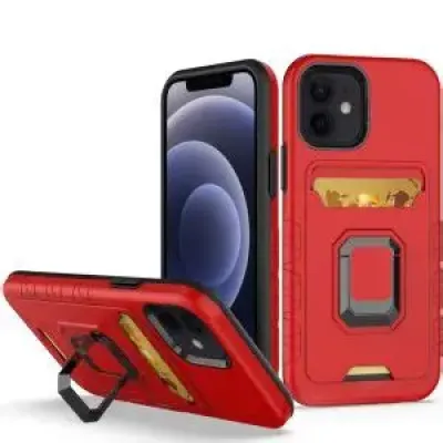 For Apple iPhone 14 6.1" Card Holder with Magnetic Ring Stand Hybrid Case Cover - Red