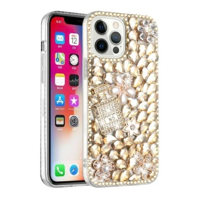 For Apple iPhone 11 (XI6.1) Floral Full Diamond Bling Case Cover - Gold