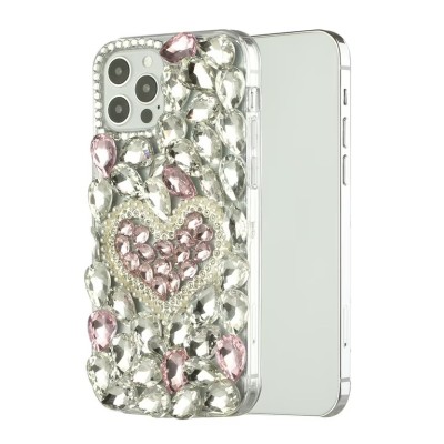 For Apple iPhone 11 (XI6.1) Full Diamond with Ornaments Hard TPU Case Cover - Hearty Pink Pearl Heart