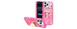 For iPhone 17 Pro Max Splendid Glitter Butterfly Design Stand with Metallic Edges Hybrid Case - Hot Pink